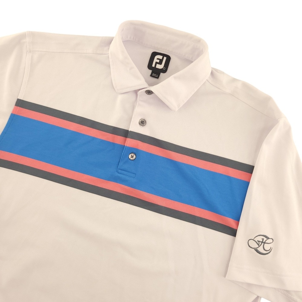 FootJoy Polo Shirt Mens L White Blue Chest Stripe Golf Performance Stretch Top